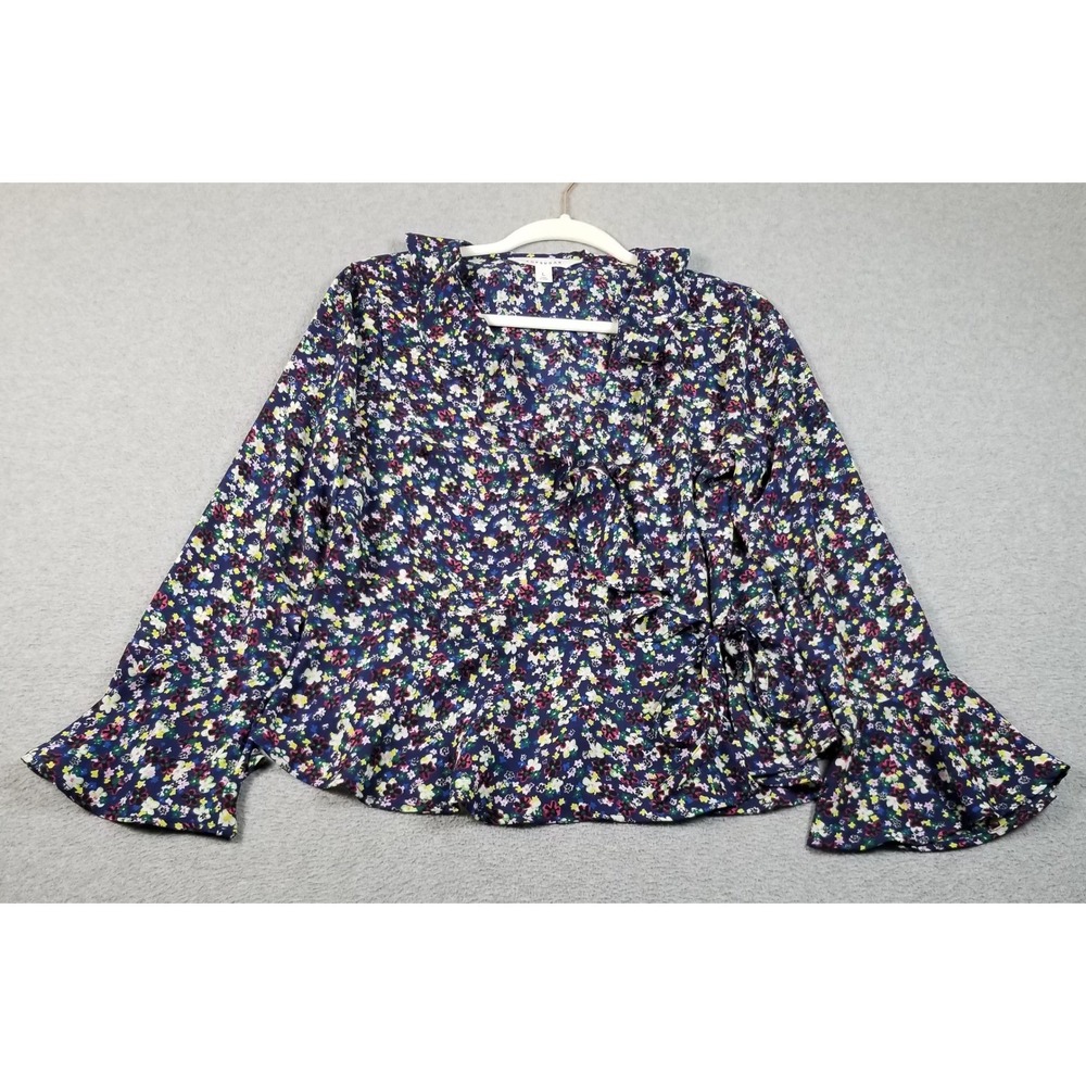 POPSUGAR Wrap Top Women's Large L Floral Long Bell Sleeve Ruffle V-Neck Spring‎